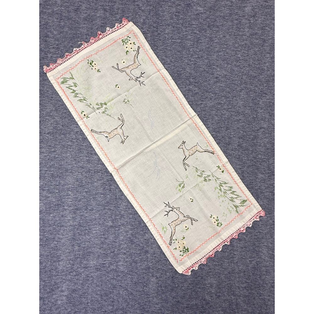 Vintage Handmade Embroidery Table Dresser Runner Deer Trees Flowers Approx 12x28